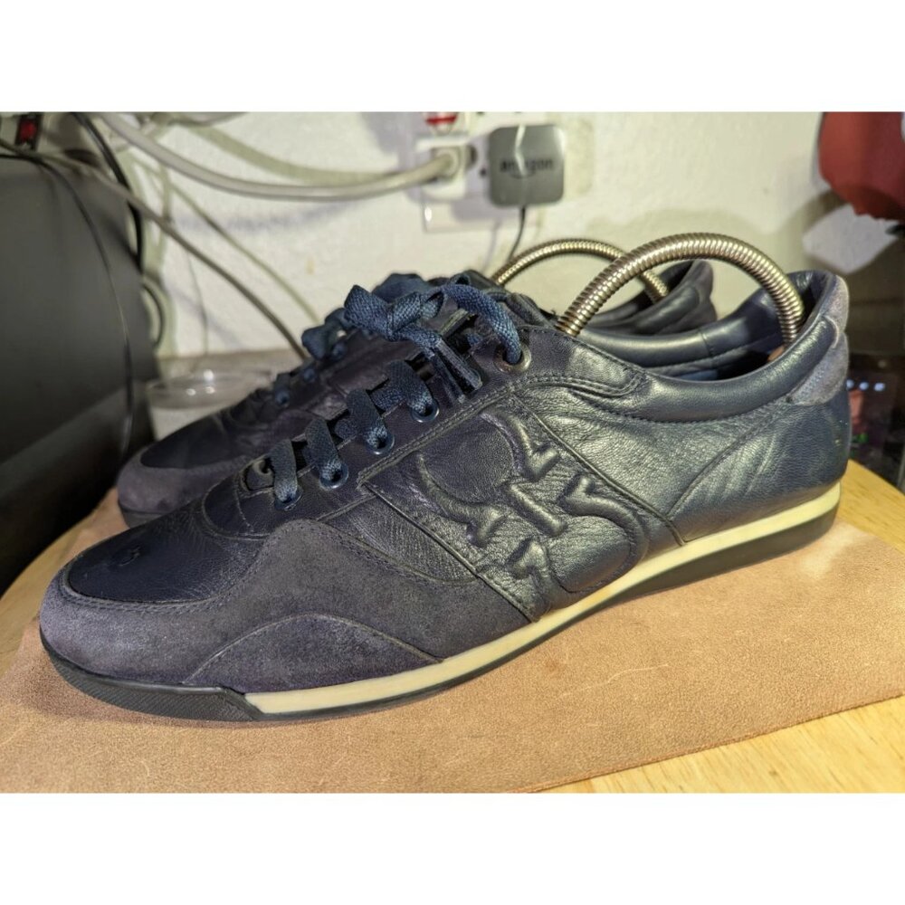 $995 Authentic SALVATORE FERRAGAMO Made in ITALY Blue Leather Sneakers Sz.10.5 - Picture 11 of 12
